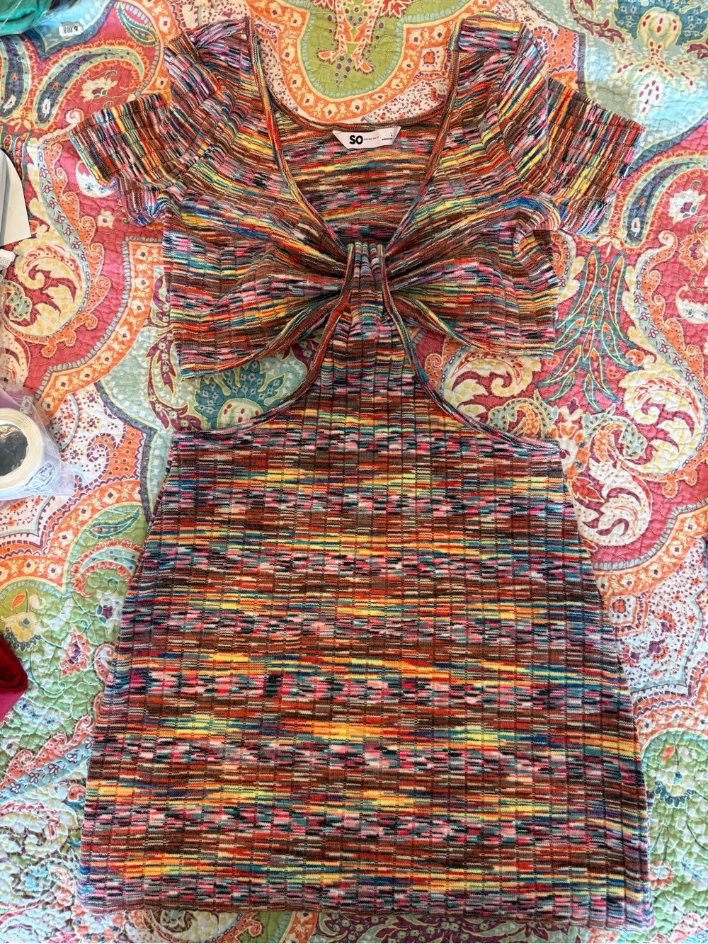 SO Multicolor Ribbed Tie-Front Crop Top - Orange, Yellow, Blue, Pink